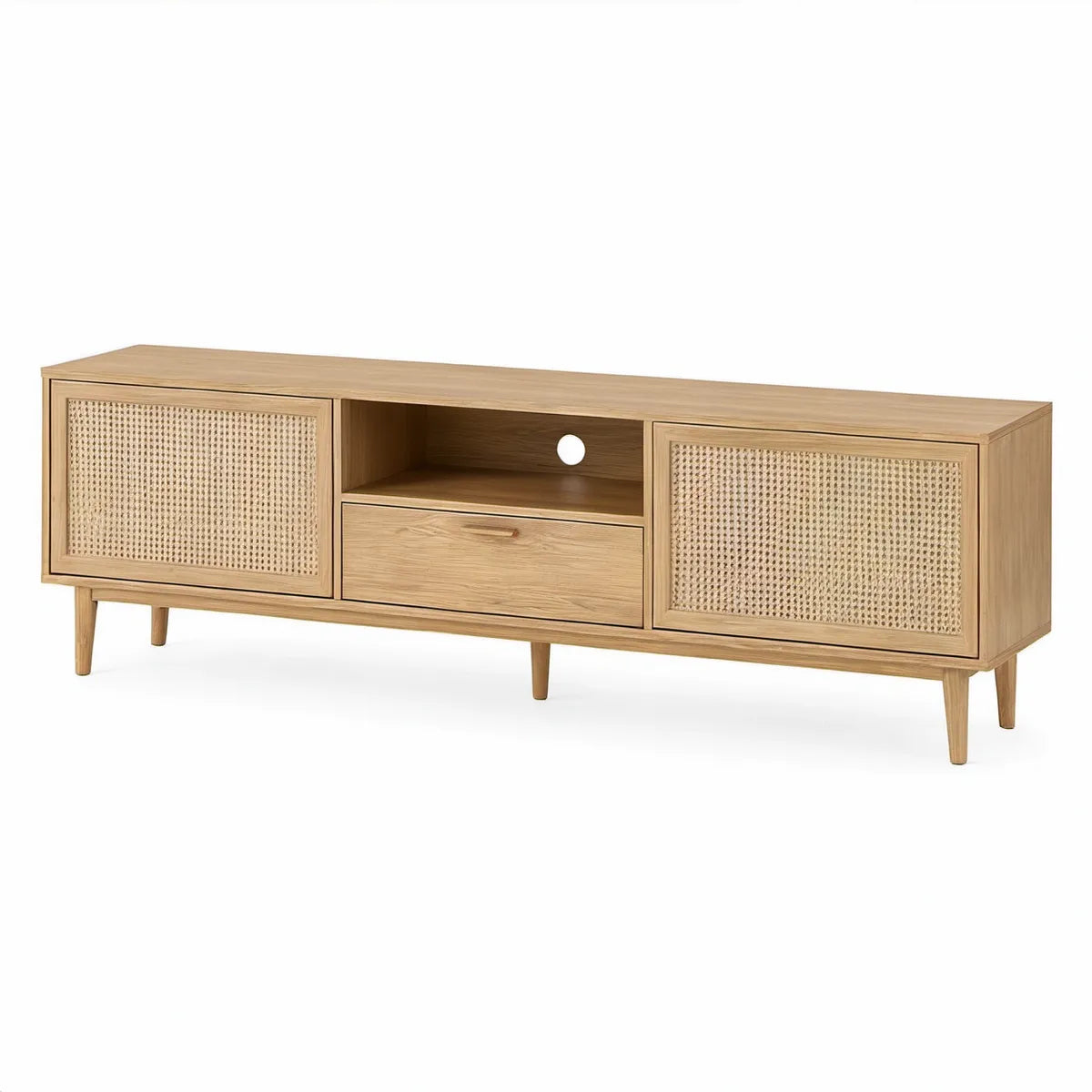 Mid-Century Modern Media Console with Rattan Doors, Natural Oak and Beige, 70.9 x 15.7 x 23.6 in