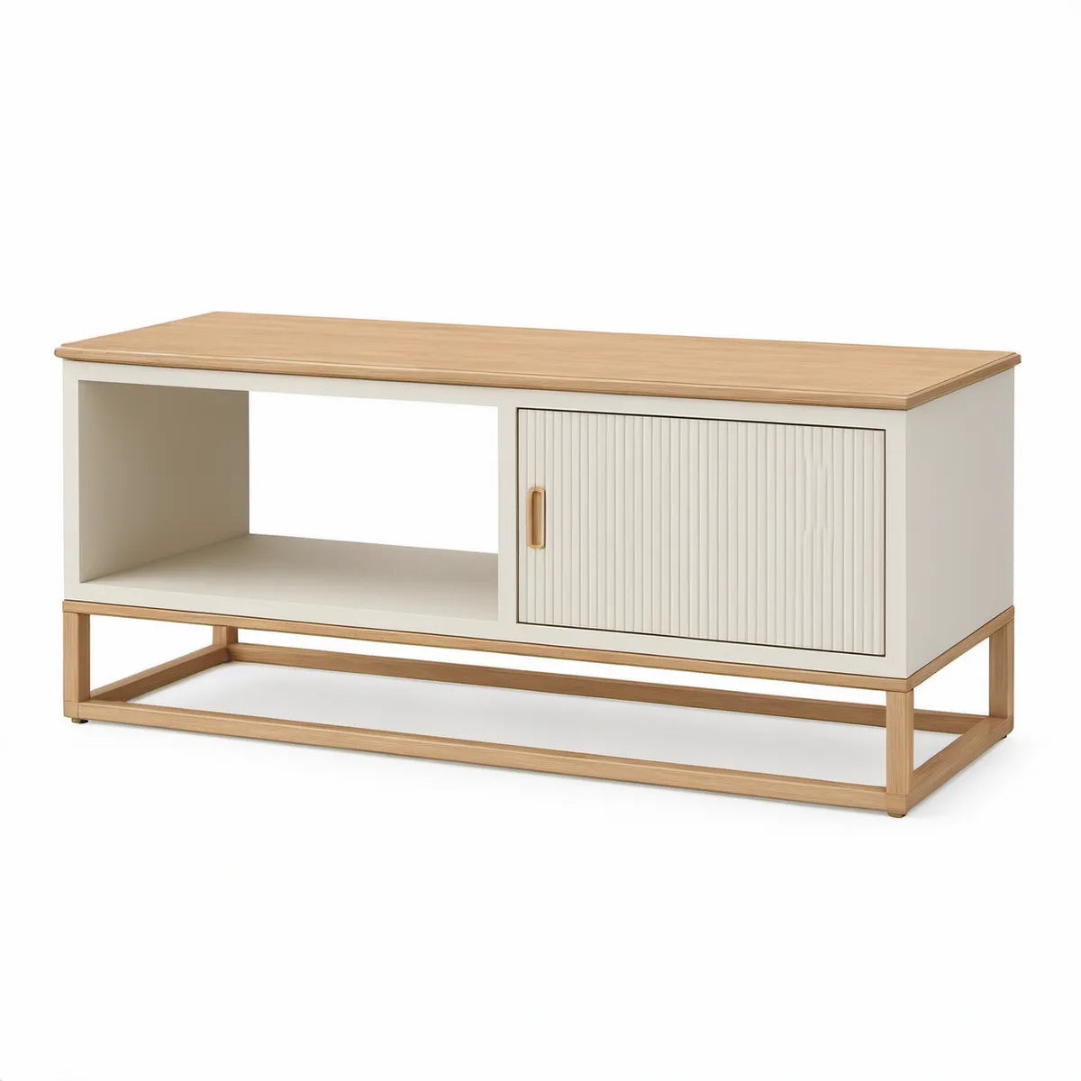 47.2 x 15.7 x 23.6 in White and Natural MDF and Rubberwood TV Stand with Sliding Fluted Door
