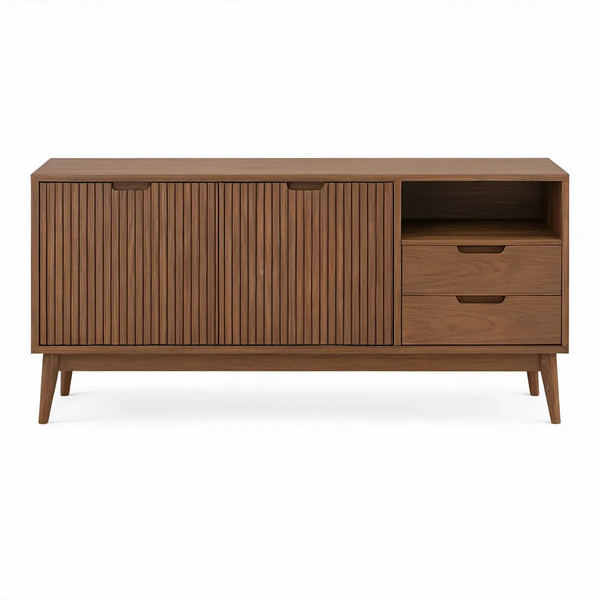 Mid-Century Modern Walnut Brown TV Stand, 63 x 16 x 30 in