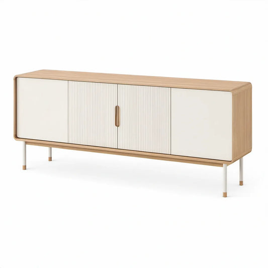 70.9 in W x 15.7 in D x 29.5 in H TV Stand with 4 Doors, Fluted Center Doors, Light Oak and White