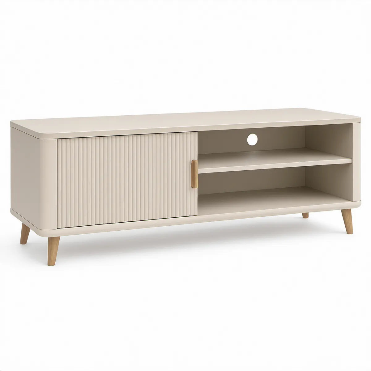 63 in Cream Media Console with Fluted Sliding Door, Open Shelves and Cable Management