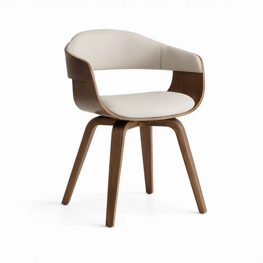 Curved Dining Armchair with Cream PU Leather Upholstery and Walnut Veneered Bentwood Frame, 22.8 x 22 x 31.5 in