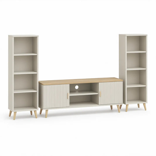 3-Piece White and Natural Oak Media Storage Set with Sliding Doors and Open Shelving, Center Unit 140 x 40 x 55 cm, Side Units 40 x 30 x 150 cm