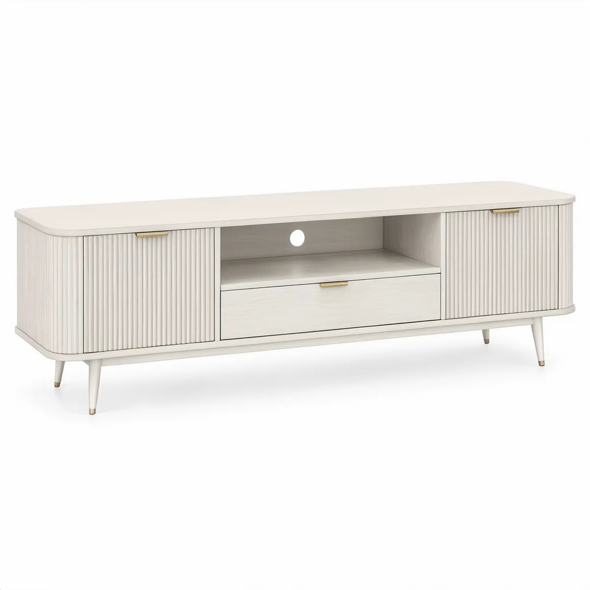 White and Gold 71 x 16 x 24 in MDF Media Console with Fluted Sliding Doors and Drawer